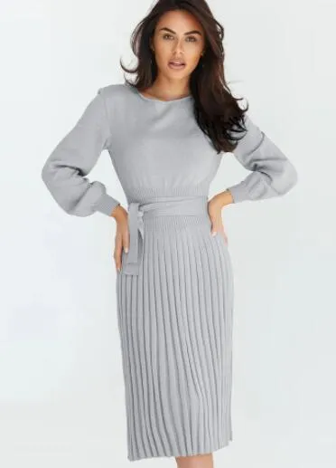 Slim Fit Sweater Dress with Pleated Skirt and Belted Waist
