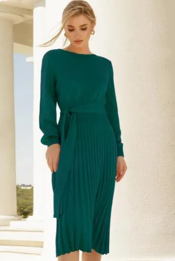 Slim Fit Sweater Dress with Pleated Skirt and Belted Waist