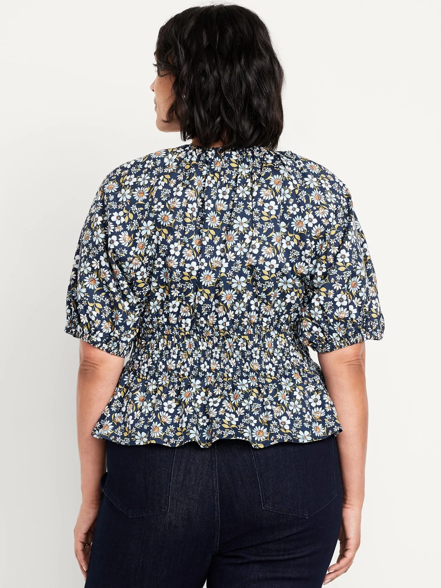 Smocked V-Neck Peplum Top