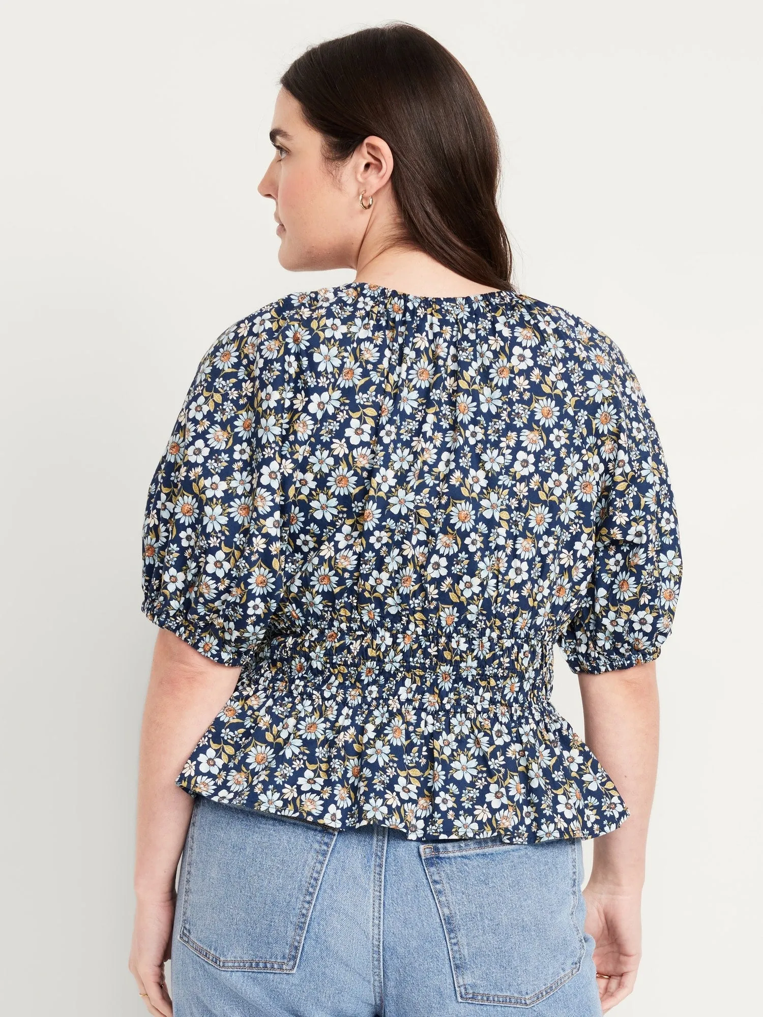 Smocked V-Neck Peplum Top