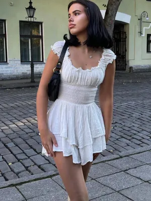 Smocked Waist Mini Dress with Pleated Sleeves and Ruffled Hem