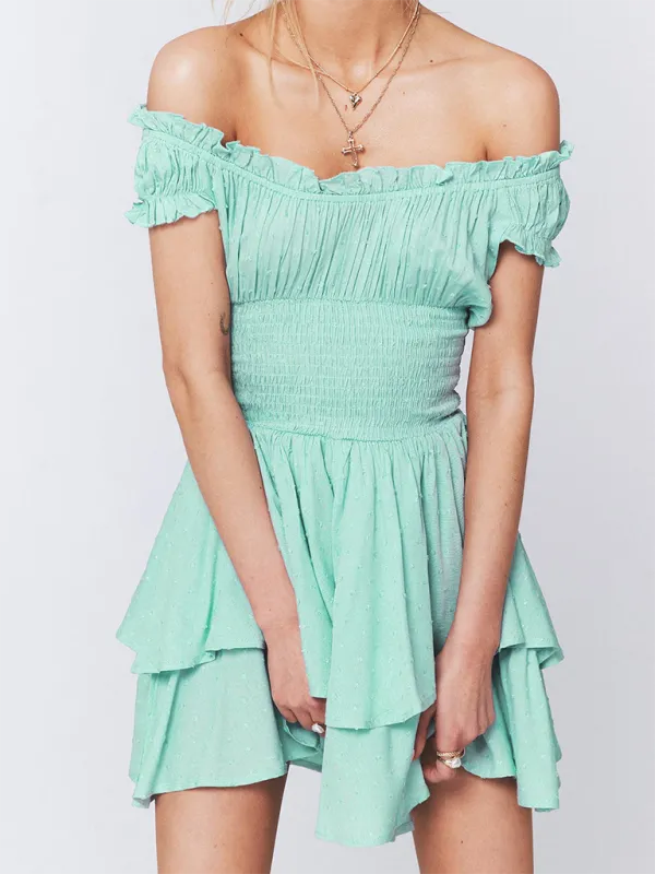 Smocked Waist Mini Dress with Pleated Sleeves and Ruffled Hem