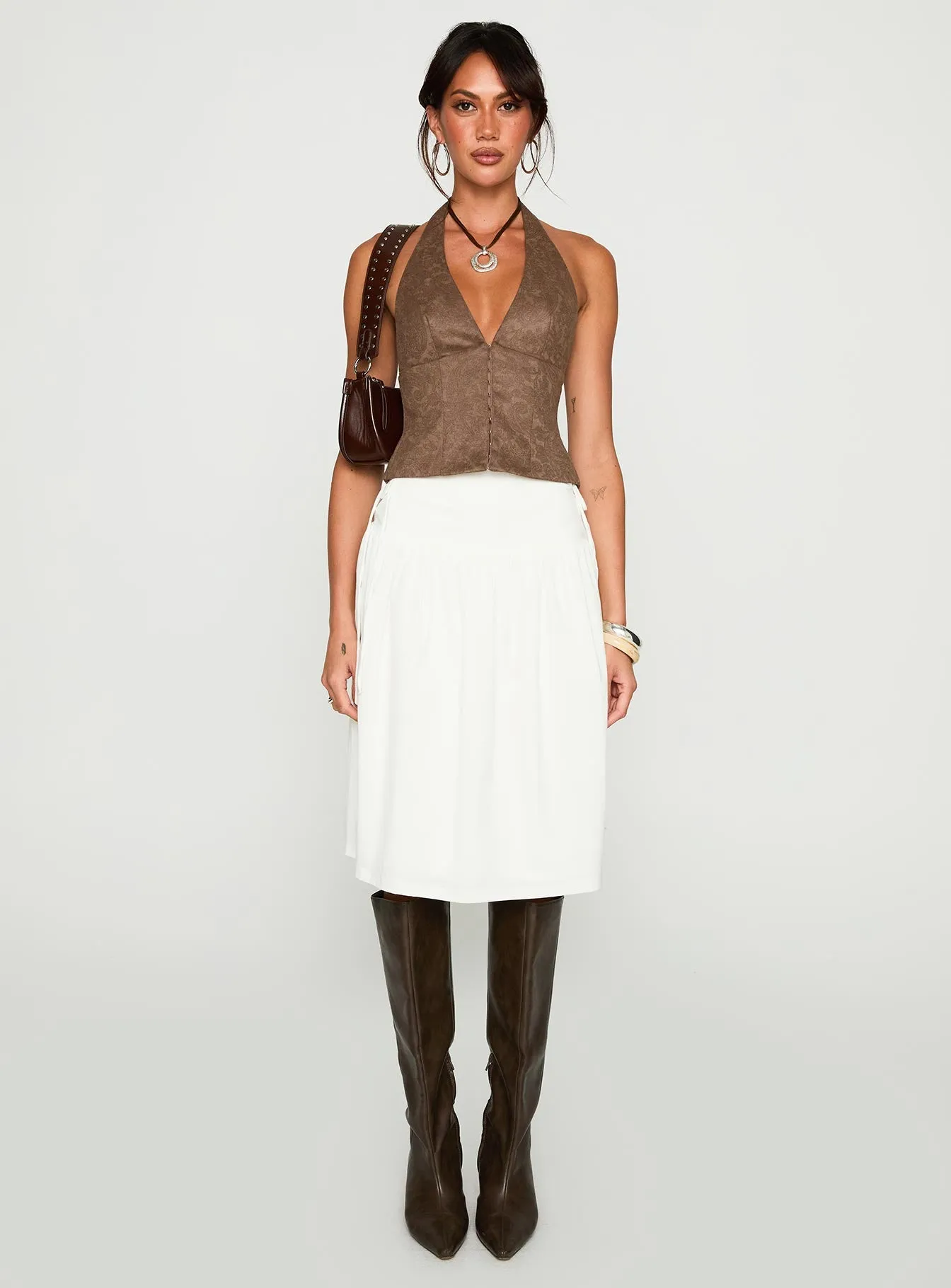 Snowflakes Tie Side Midi Skirt White