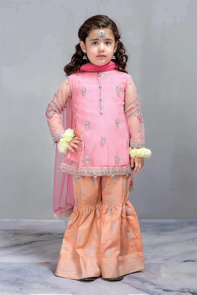 Soft color Chiffon Pamplam Jamawar Gharara Dress for Kids - k801