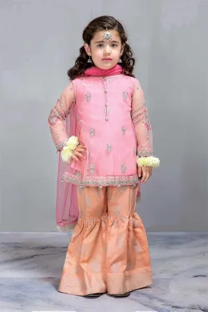 Soft color Chiffon Pamplam Jamawar Gharara Dress for Kids - k801