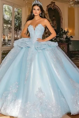 Sparkly Sky Blue Ball Gown Strapless Ruffles Tule Quinceanera Vestido com Apliques