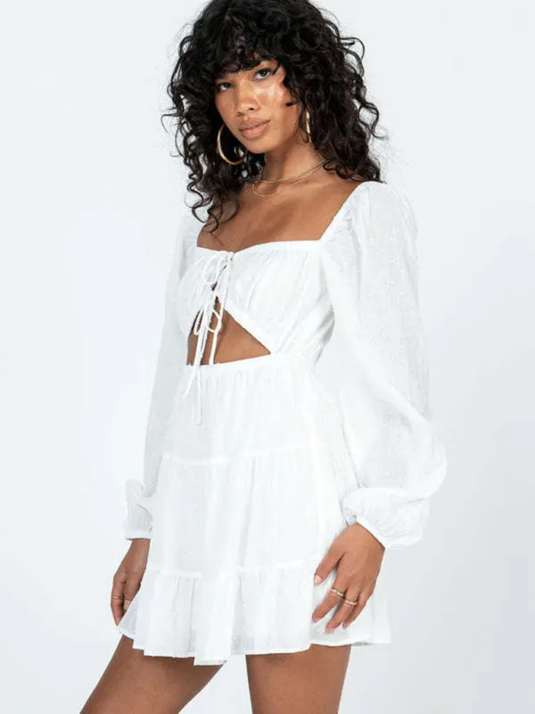 Square-Neck Long-Sleeved Dress with Lace-Up Cut-Out