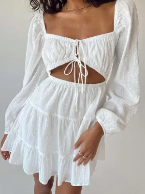 Square-Neck Long-Sleeved Dress with Lace-Up Cut-Out