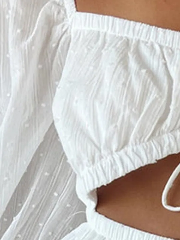 Square-Neck Long-Sleeved Dress with Lace-Up Cut-Out