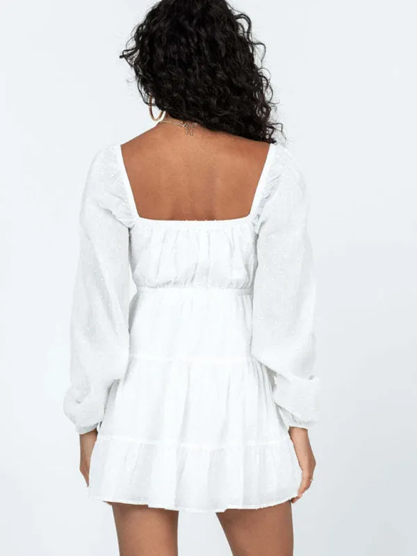 Square-Neck Long-Sleeved Dress with Lace-Up Cut-Out