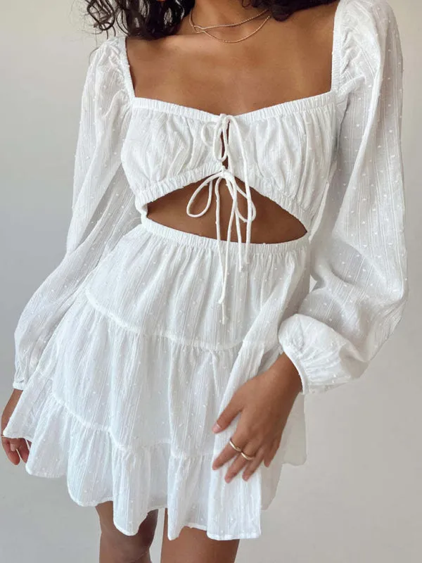 Square-Neck Long-Sleeved Dress with Lace-Up Cut-Out