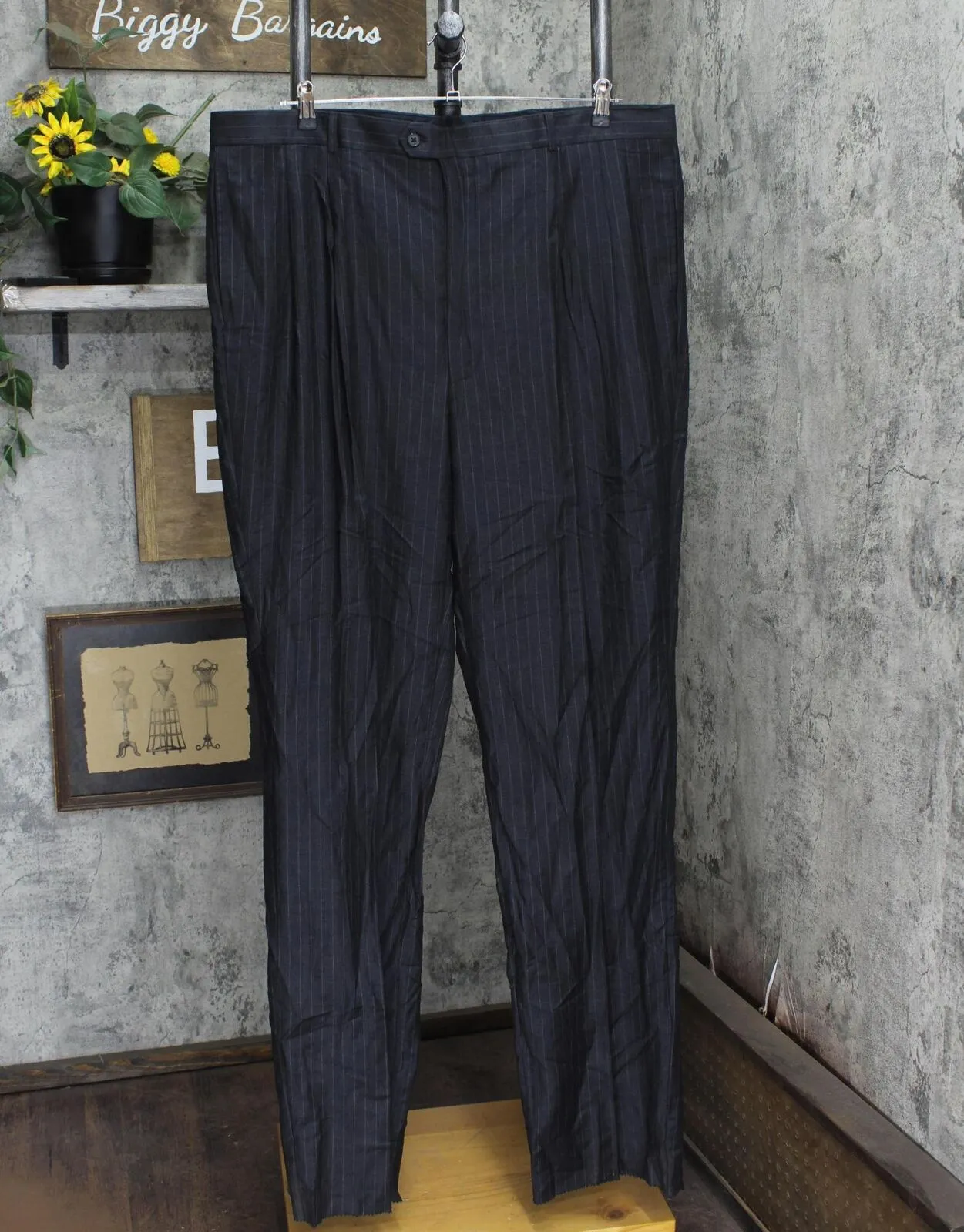 Stafford Mens Vintage Unhemmed Wool Suit Dress Pants Charcoal Pinstripe Gray 45L