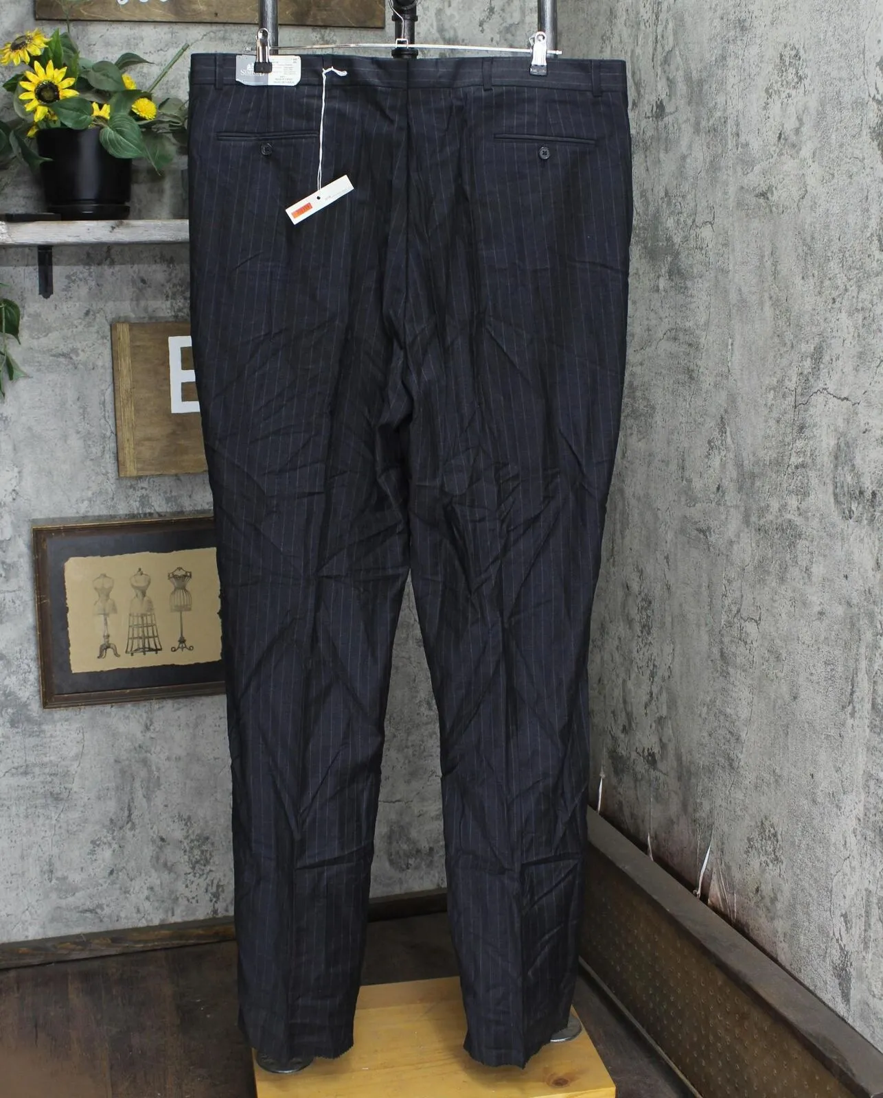 Stafford Mens Vintage Unhemmed Wool Suit Dress Pants Charcoal Pinstripe Gray 45L