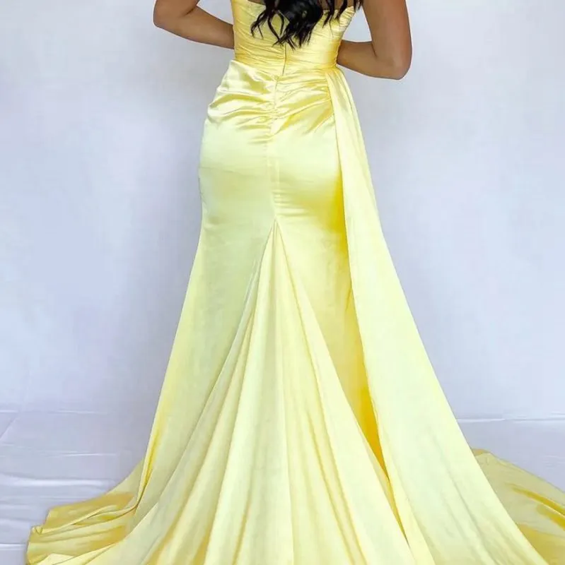 Strapless Pleated Satin Sleeveless Formal Prom Dresses with Slit