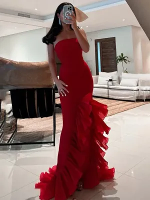 Strapless Ruffles Scoop Neck Mermaid Sleeveless Long Prom Dresses