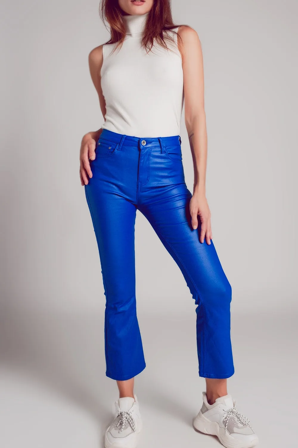 Stretch faux leather flare pants in blue