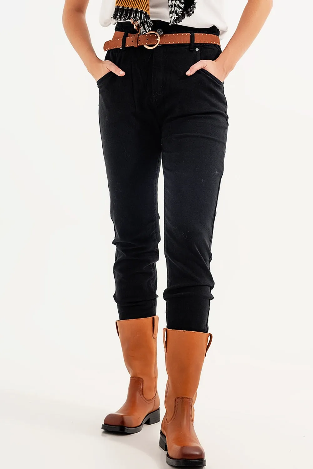 Stretch paperbag waist straigh Jeans in black