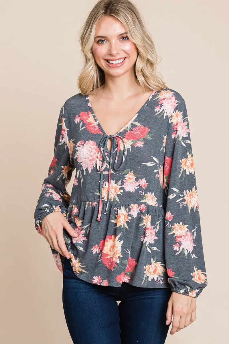 Super Lady Babydoll Floral Long Sleeve Blouse