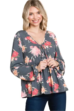 Super Lady Babydoll Floral Long Sleeve Blouse