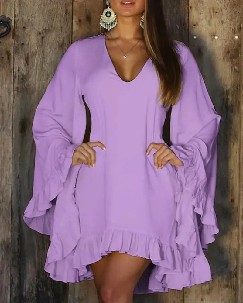 Sweet Ruffle Hem Bell Sleeve V Neck Long Sleeve Dress