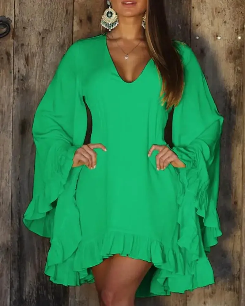 Sweet Ruffle Hem Bell Sleeve V Neck Long Sleeve Dress