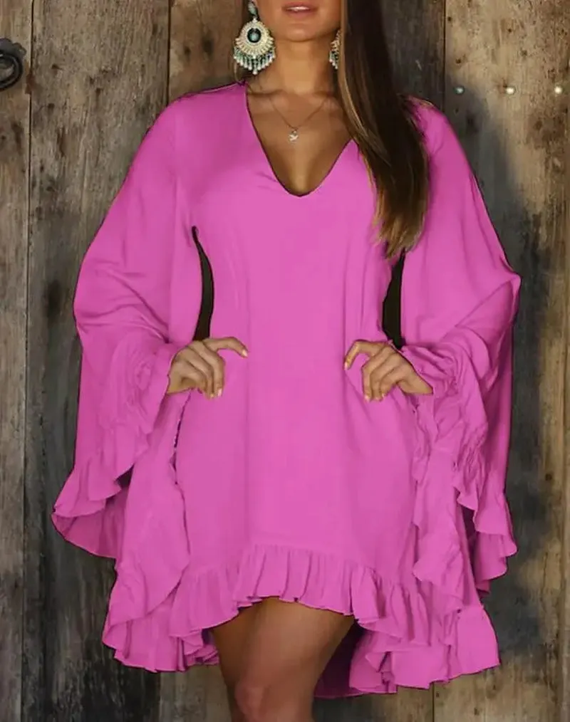 Sweet Ruffle Hem Bell Sleeve V Neck Long Sleeve Dress