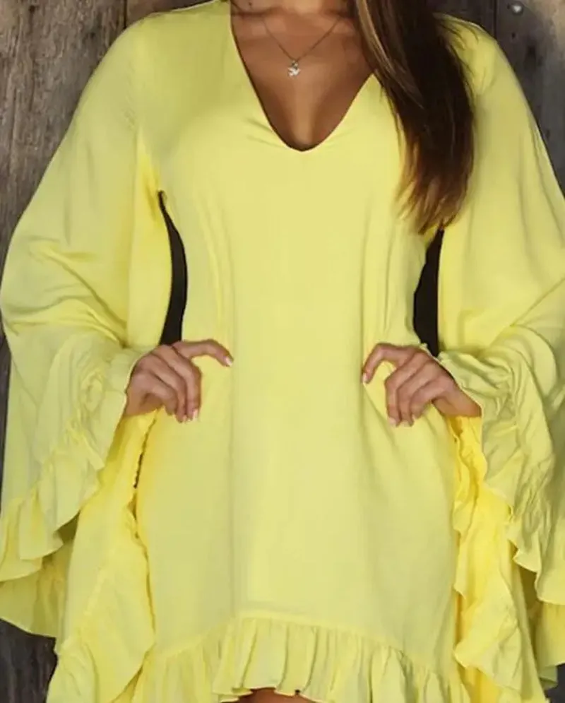 Sweet Ruffle Hem Bell Sleeve V Neck Long Sleeve Dress