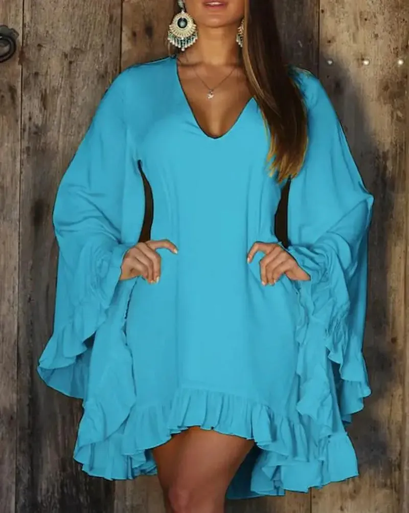 Sweet Ruffle Hem Bell Sleeve V Neck Long Sleeve Dress