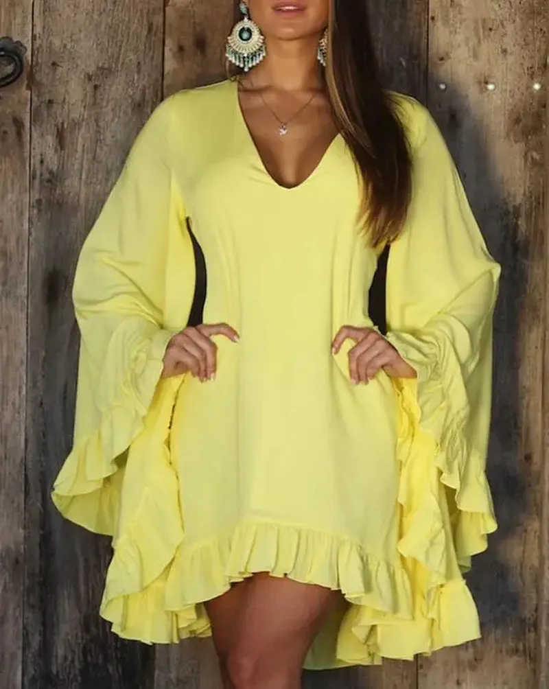Sweet Ruffle Hem Bell Sleeve V Neck Long Sleeve Dress