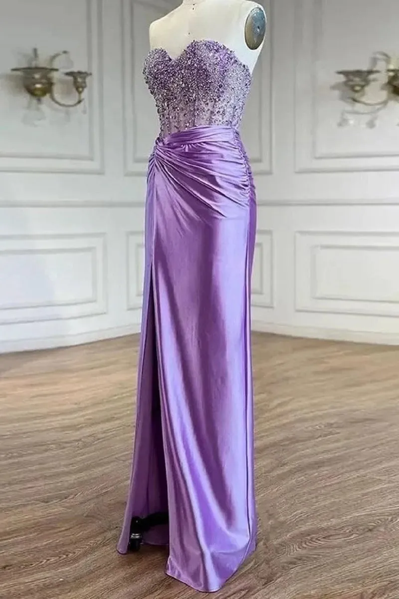 Sweetheart Mermaid Satin Long Prom Dresses with Beading