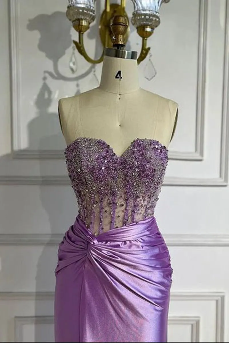 Sweetheart Mermaid Satin Long Prom Dresses with Beading
