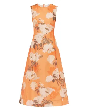 Tangerine Hydrangea Print Cleo Sleeveless Midi Dress