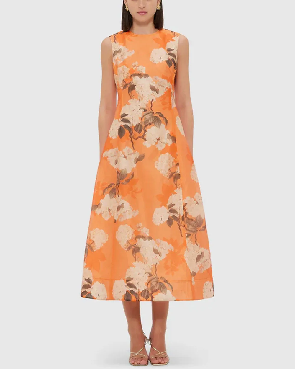 Tangerine Hydrangea Print Cleo Sleeveless Midi Dress