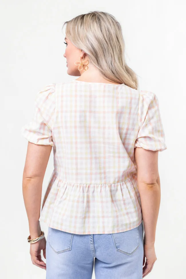 Tell Your Story Multi Gingham Short Sleeve Tie Front Peplum Blouse SALE