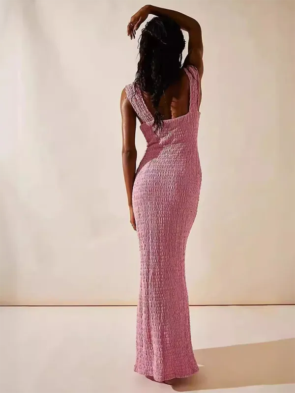 Textured Maxi Dress with Front Tie Detail and Waist Slit