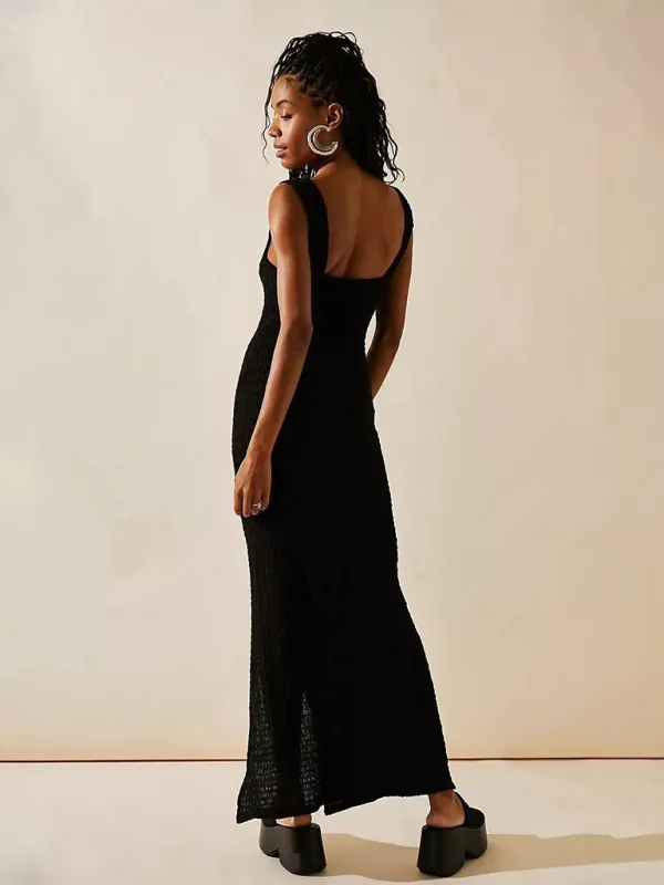 Textured Maxi Dress with Front Tie Detail and Waist Slit