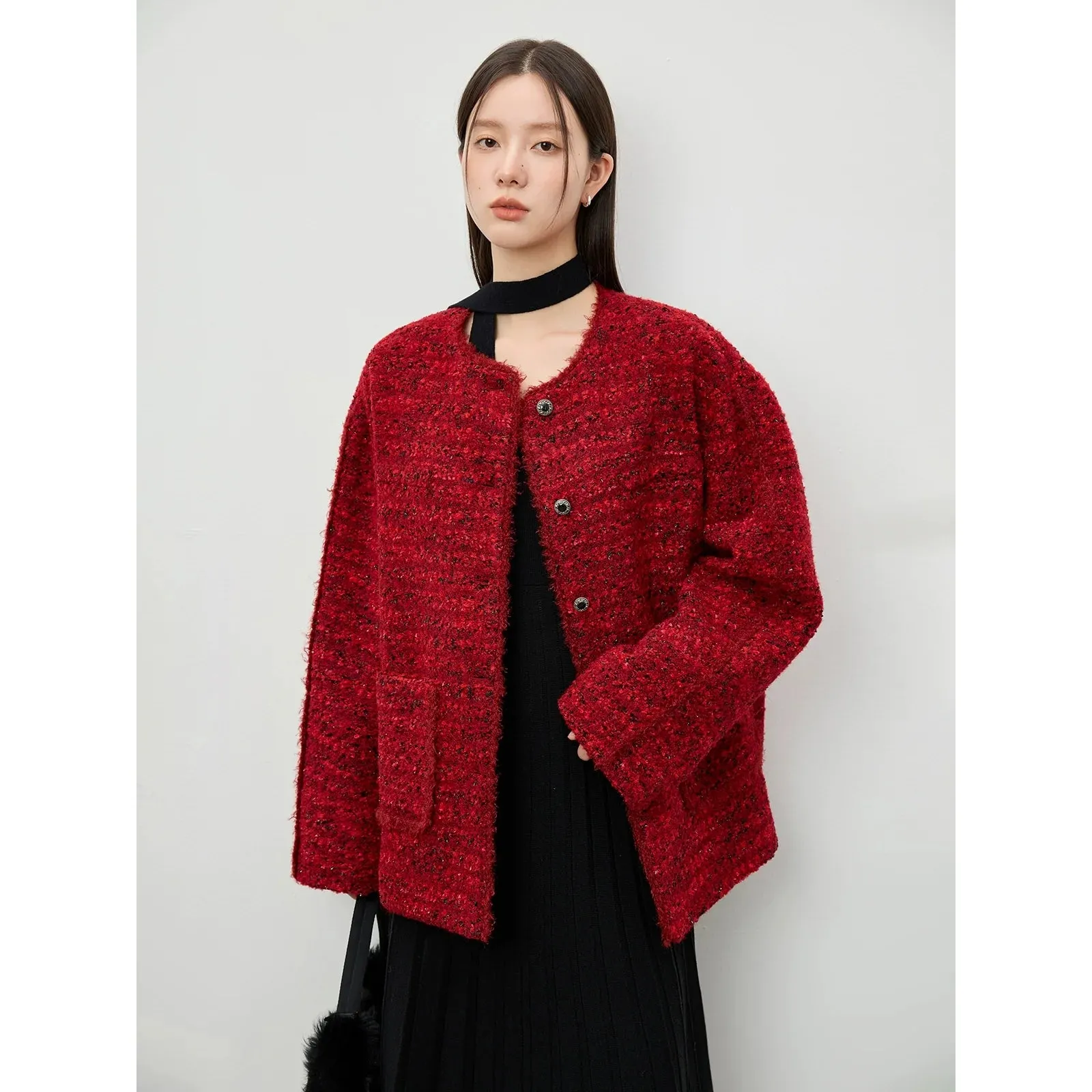 Textured Round-Neck Button-Up Jacket