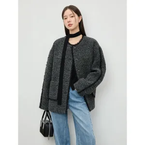 Textured Round-Neck Button-Up Jacket