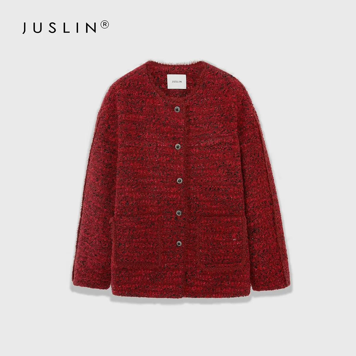Textured Round-Neck Button-Up Jacket