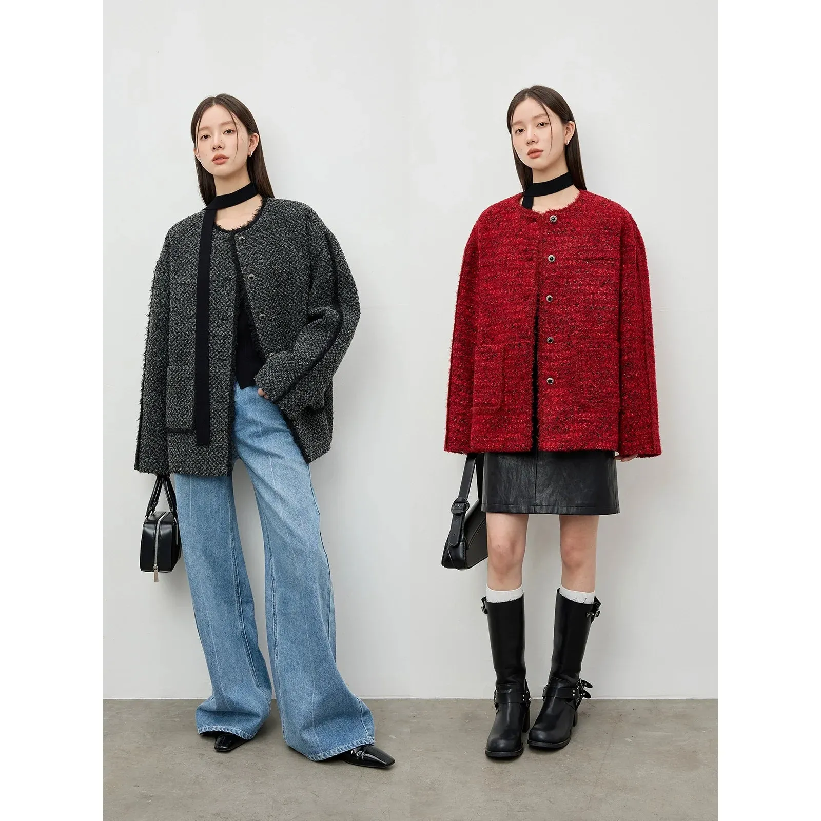 Textured Round-Neck Button-Up Jacket