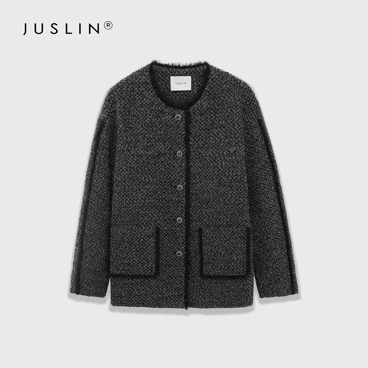 Textured Round-Neck Button-Up Jacket