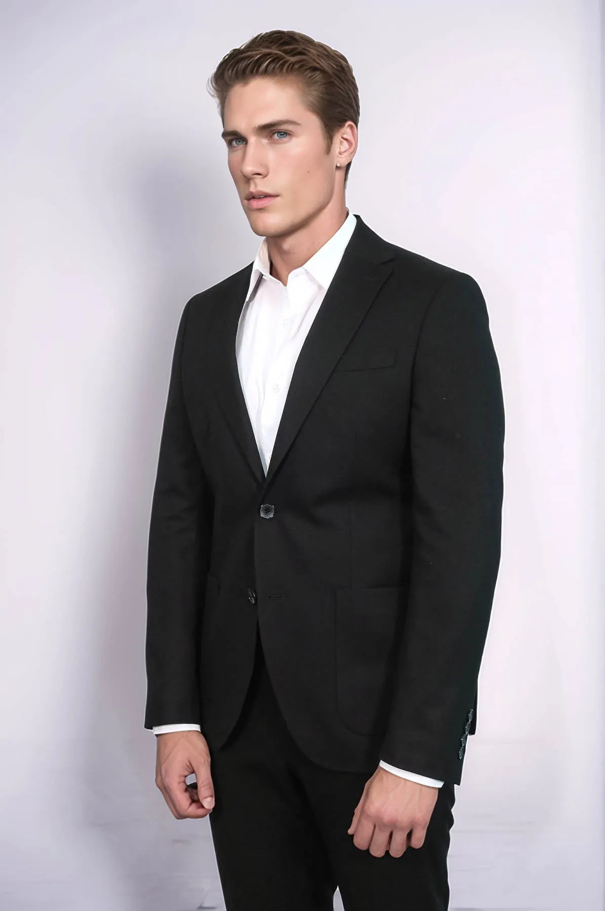 Textured Slim Fit Peak Lapel Black Men Blazer - Wessi
