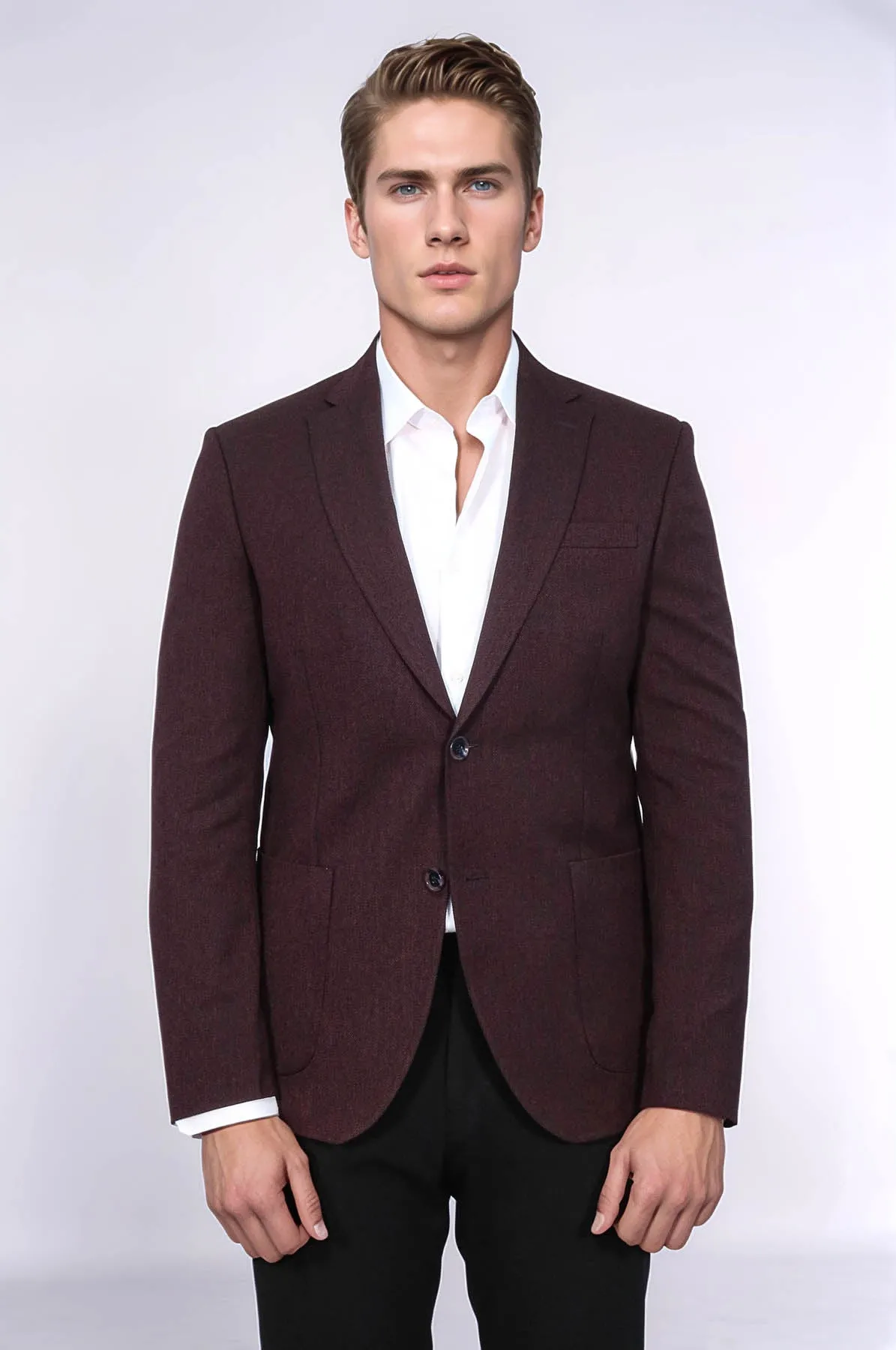 Textured Slim Fit Peak Lapel Burgundy Men Blazer - Wessi