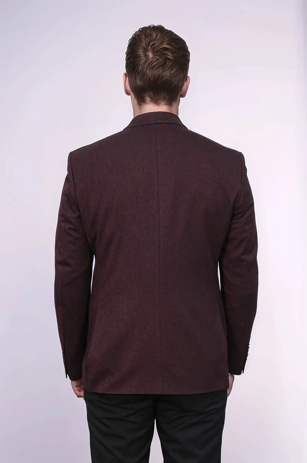 Textured Slim Fit Peak Lapel Burgundy Men Blazer - Wessi
