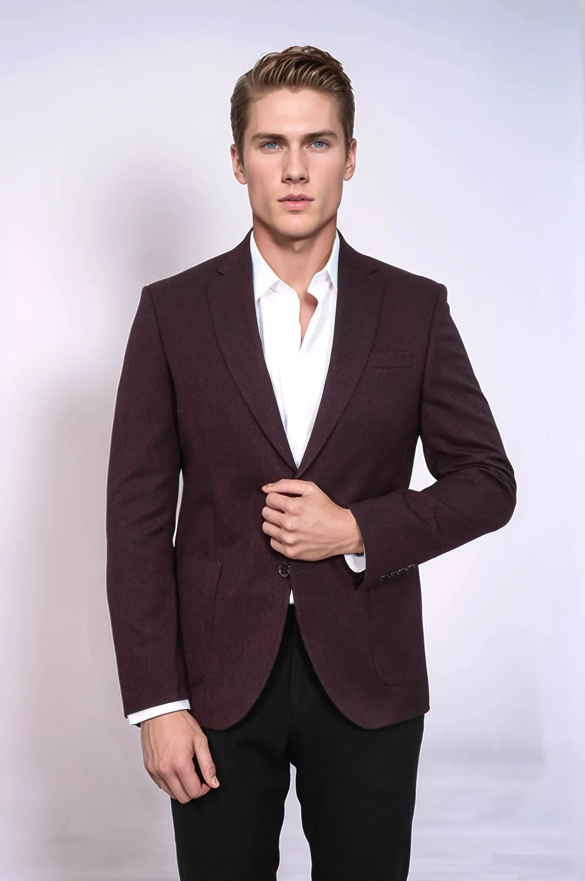 Textured Slim Fit Peak Lapel Burgundy Men Blazer - Wessi