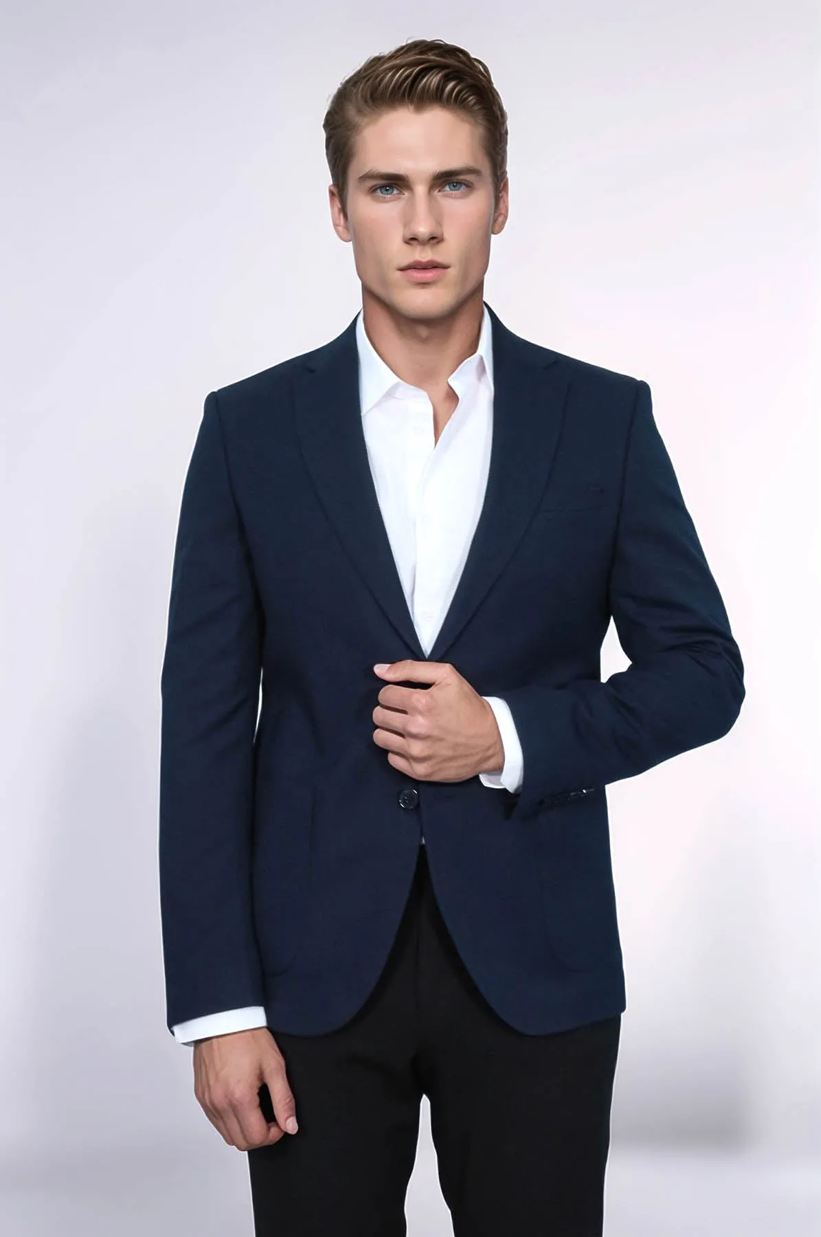 Textured Slim Fit Peak Lapel Navy Blue Men Blazer - Wessi