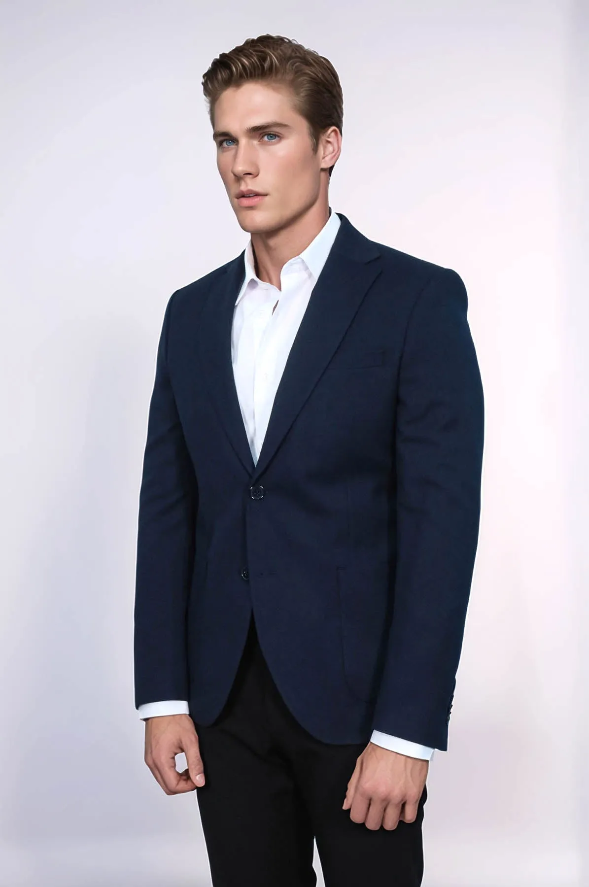 Textured Slim Fit Peak Lapel Navy Blue Men Blazer - Wessi