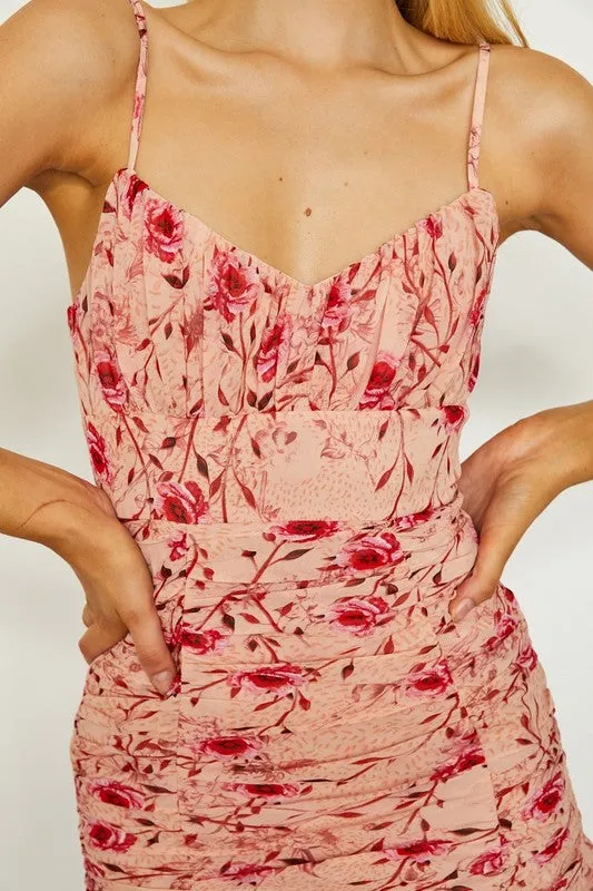 themeisles Floral Print Ruffle Ruched Cami Mini Dress
