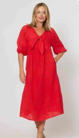 Tie Neck Linen Dress Navy   Red