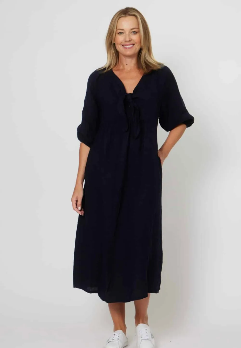 Tie Neck Linen Dress Navy   Red